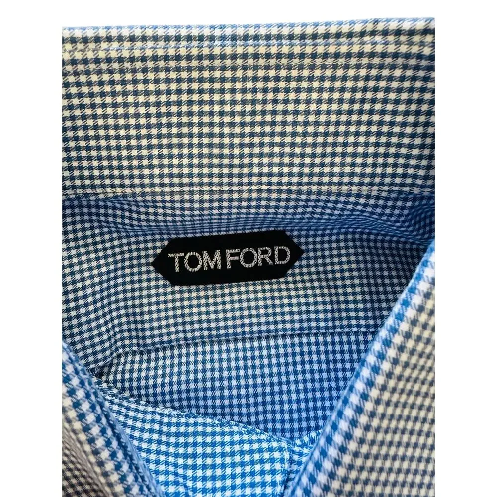 Tom Ford‎ Blue White Micro Check Dress Shirt 39 15.5 Luxury Cotton Tailored
